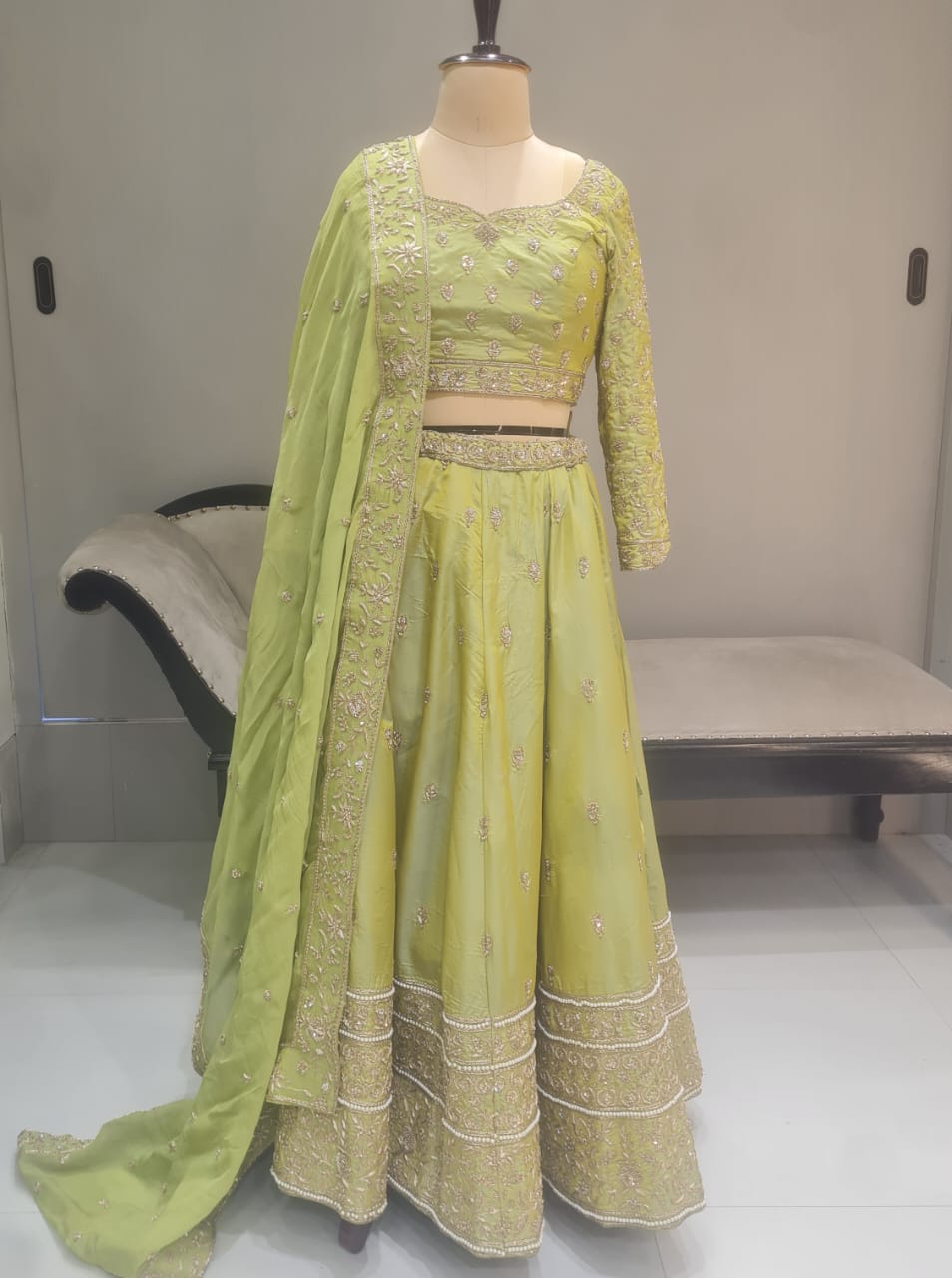  GREEN GOLDEN AND MOTI WORK LEHENGA CHOLI