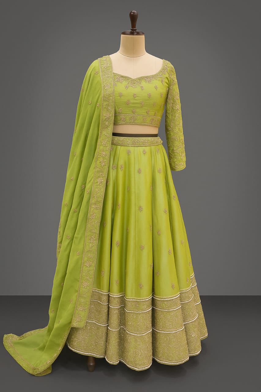  GREEN GOLDEN AND MOTI WORK LEHENGA CHOLI