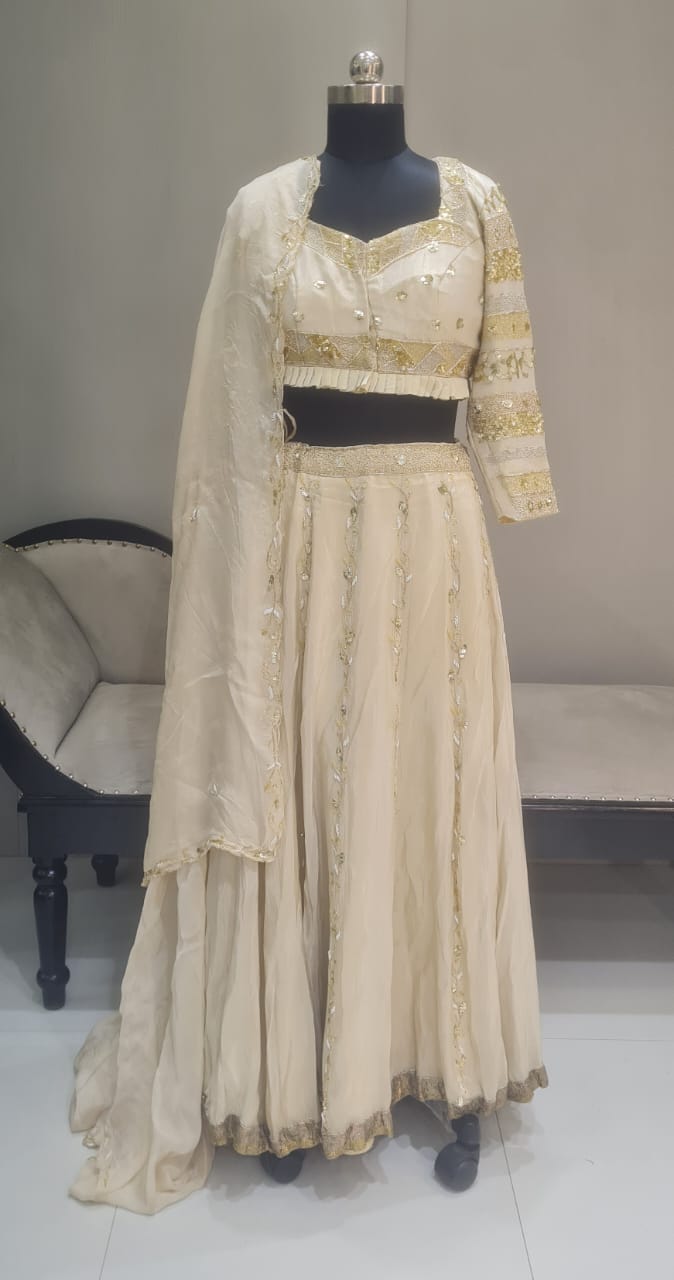 CREAM TISSUE GOLDEN WORK ON BLOUSE LEHENGA CHOLI