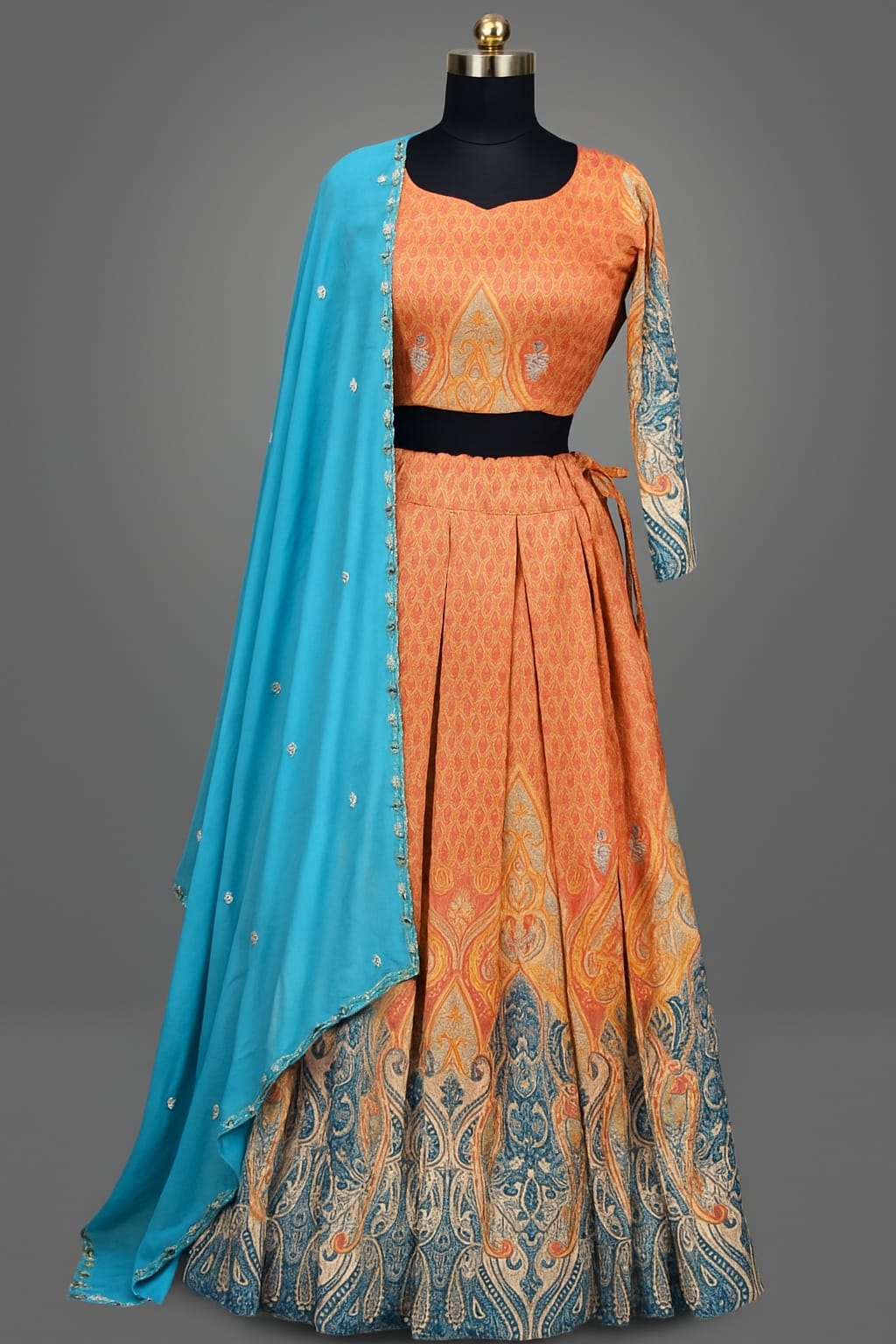 ORANGE AND BLUE DIGITAL PRINTED LEHENGA CHOLI