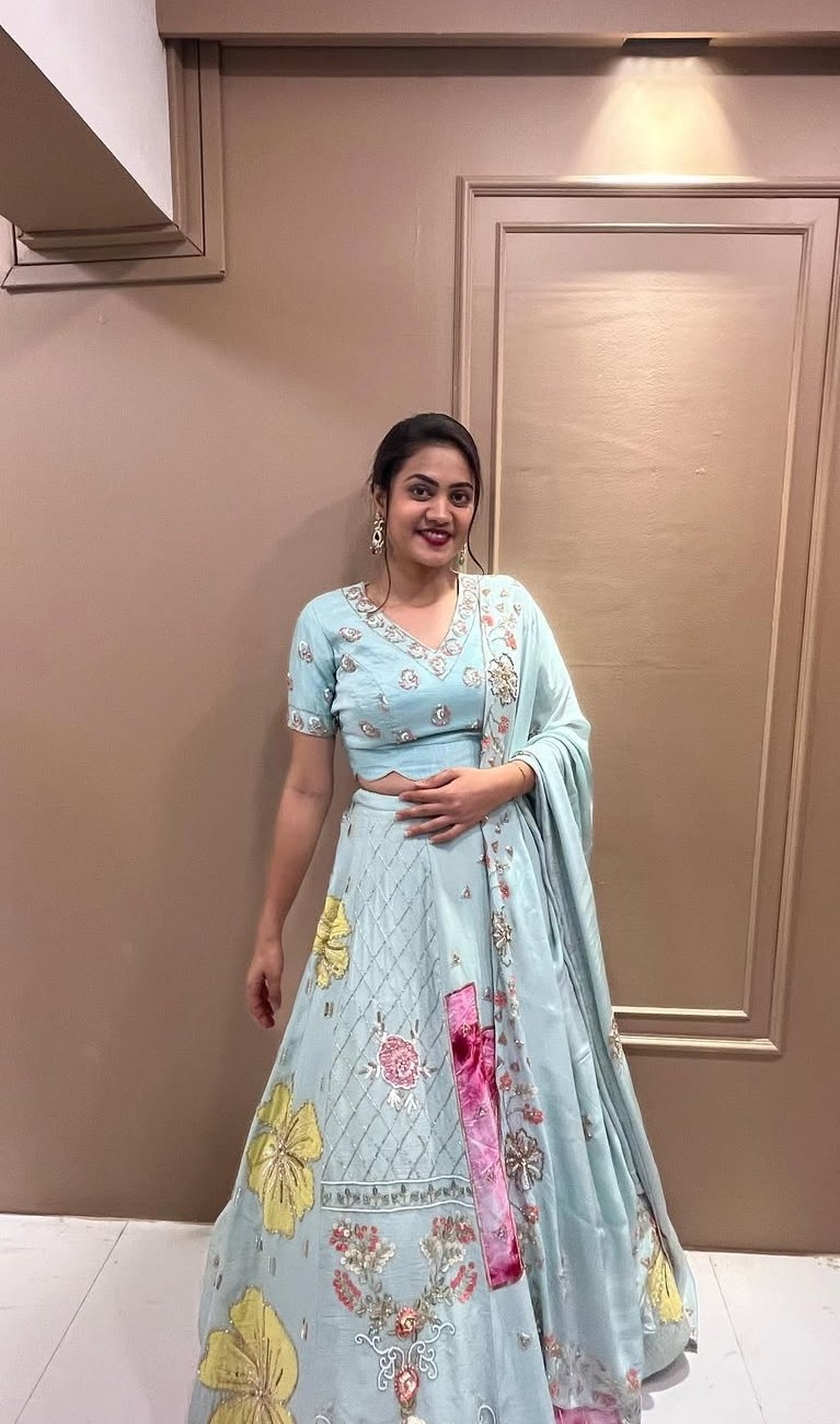 PALE BLUE PINK PATCH PINK WORK LEHENGA  CHOLI