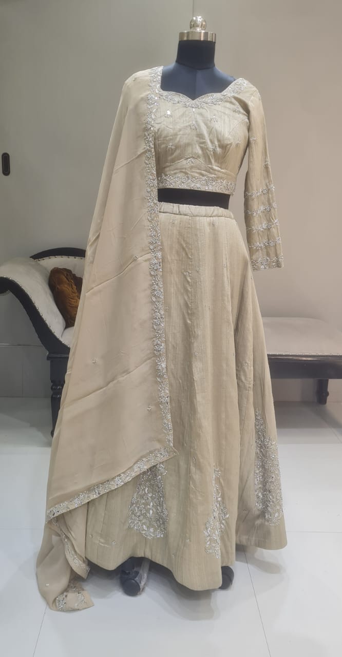 BEIGE SELF THREAD WORK LEHENGA CHOLI