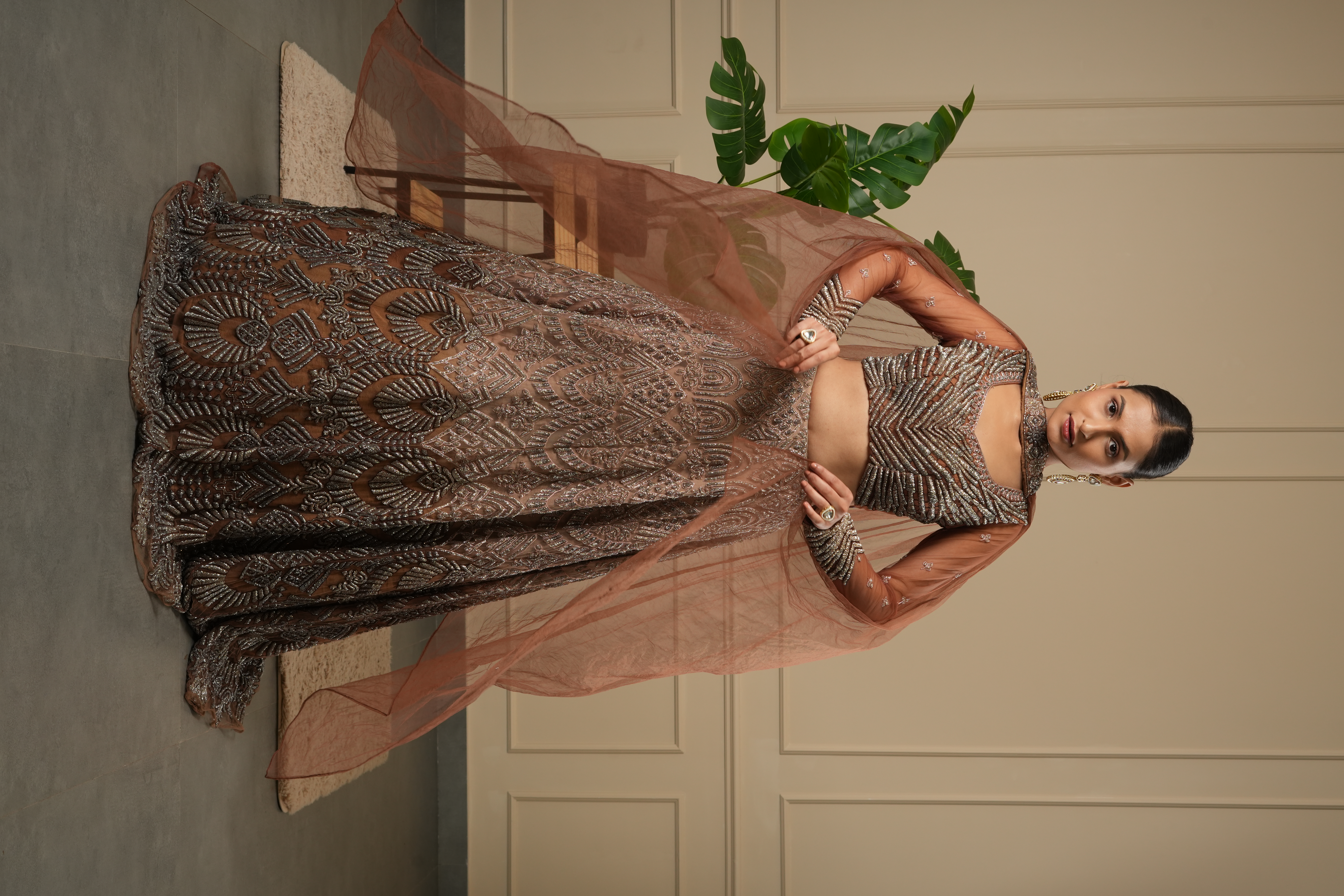 brown silver cocktail lehenga choli