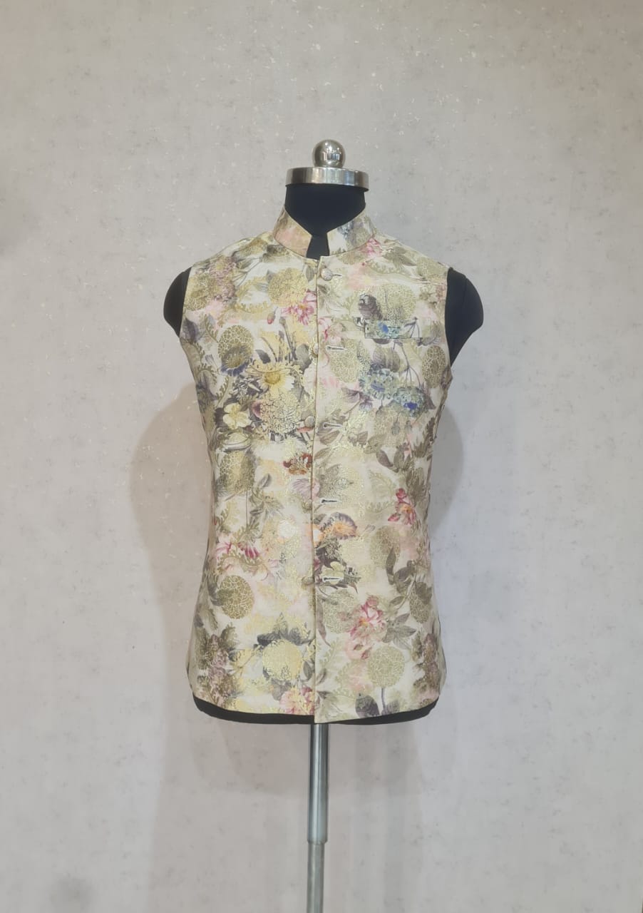 PINK FLOWER GOLDEN PRINTED JACKET JODHPURI SET