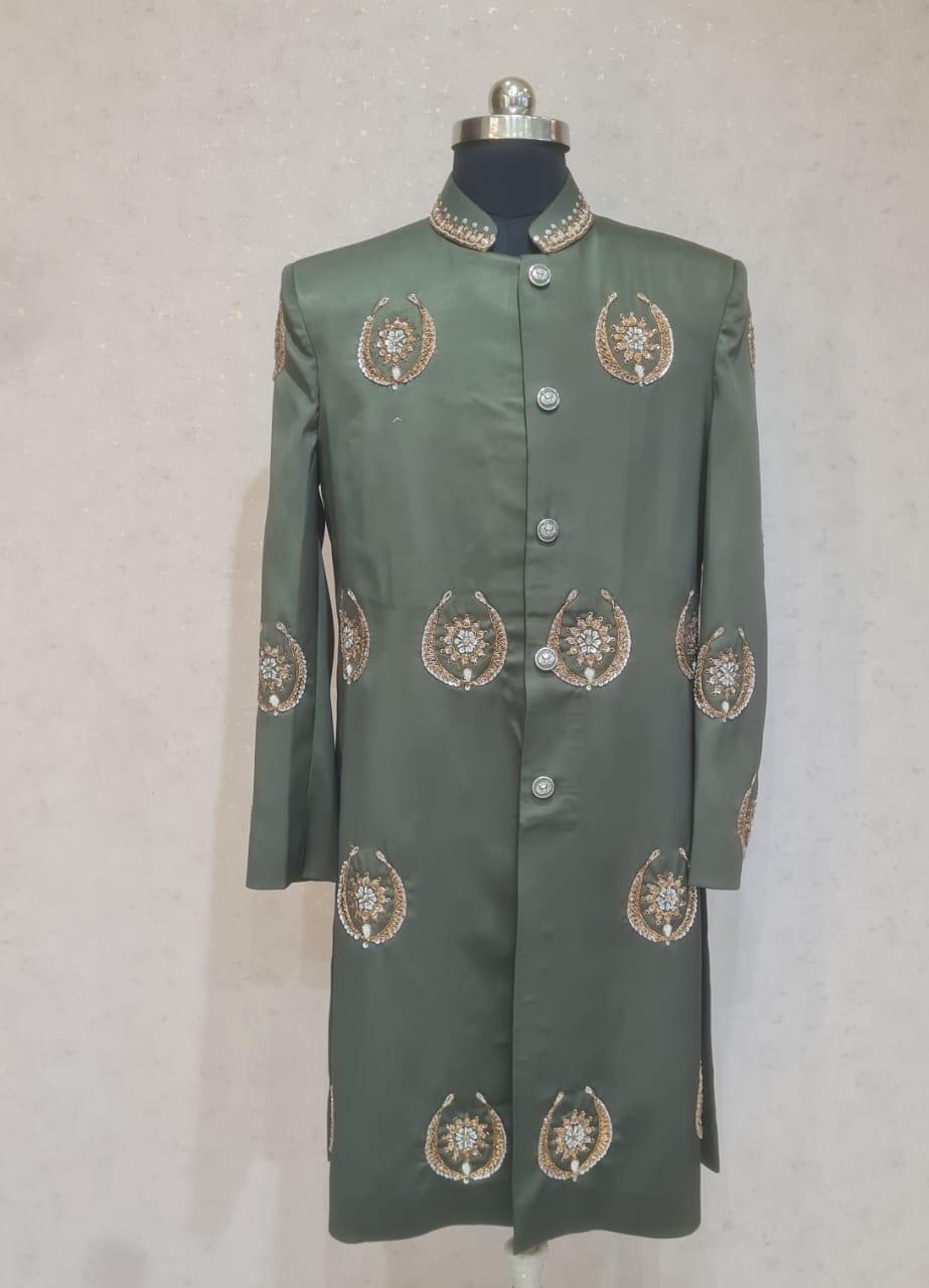 BOTTELE GREEN PAKISTANI WORK SHERWANI  SET