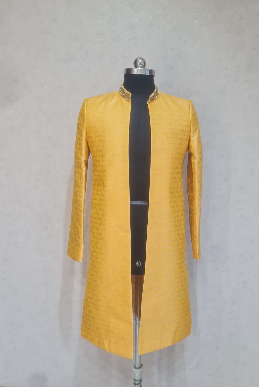 YELLOW WORK ON NECK JACKET SET