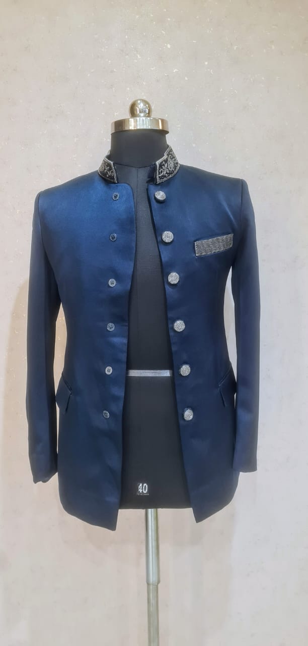 BLUE HEAVY WOEK ON BUTTON COLLAR SUIT SET 