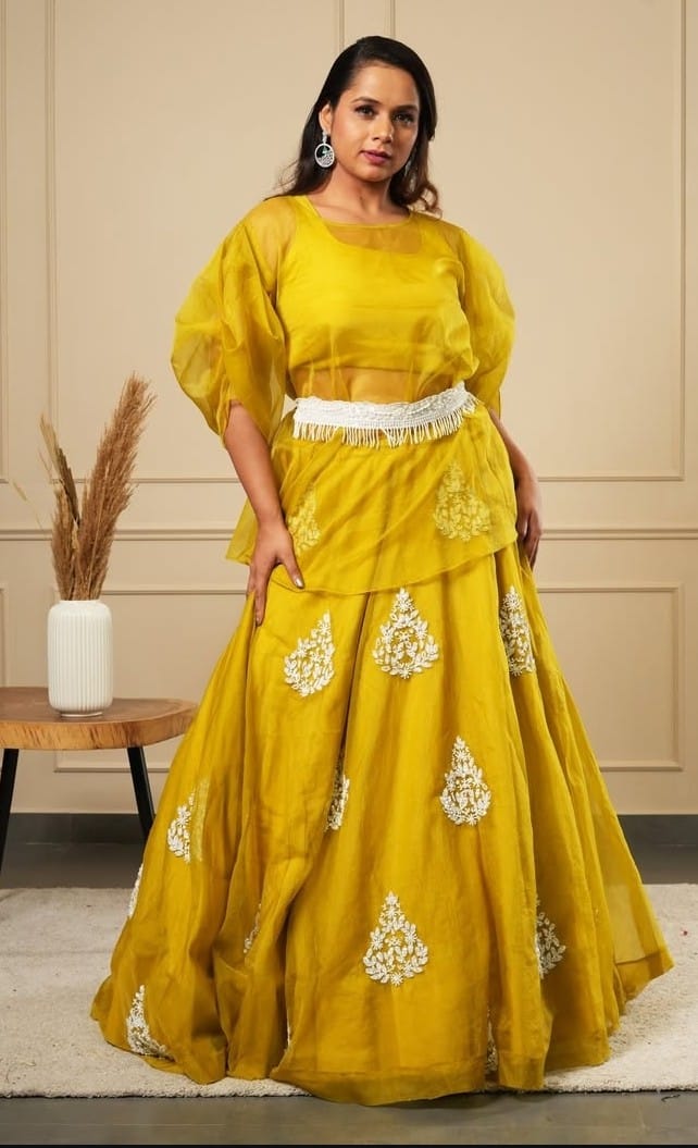 LIME GREEN WHITE BEAD WORK LEHENGA  CHOLI