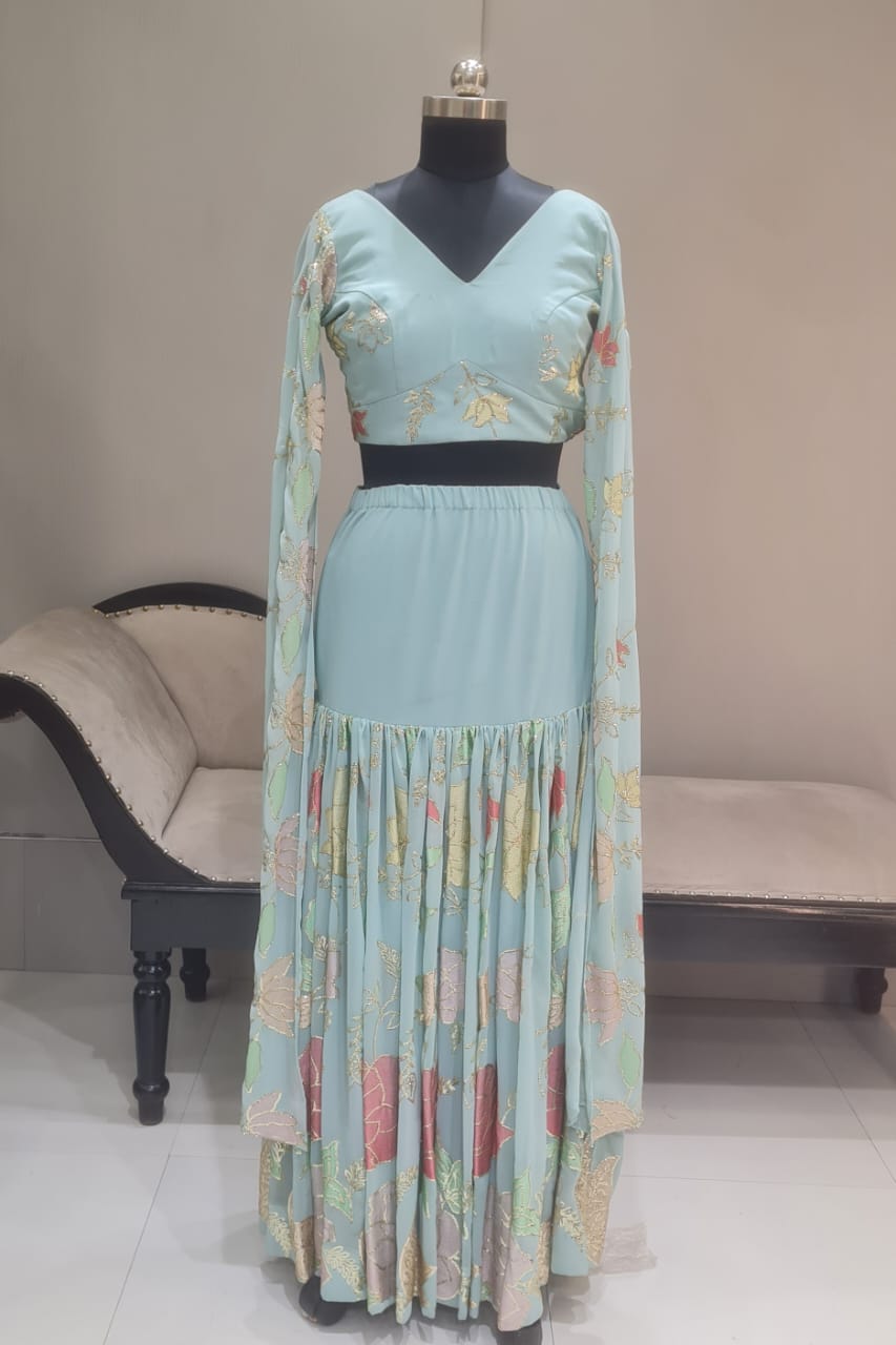 POWDER BLUE MULTICOLOR ROSE FALL SLEEVES LEHENGA CHOLI