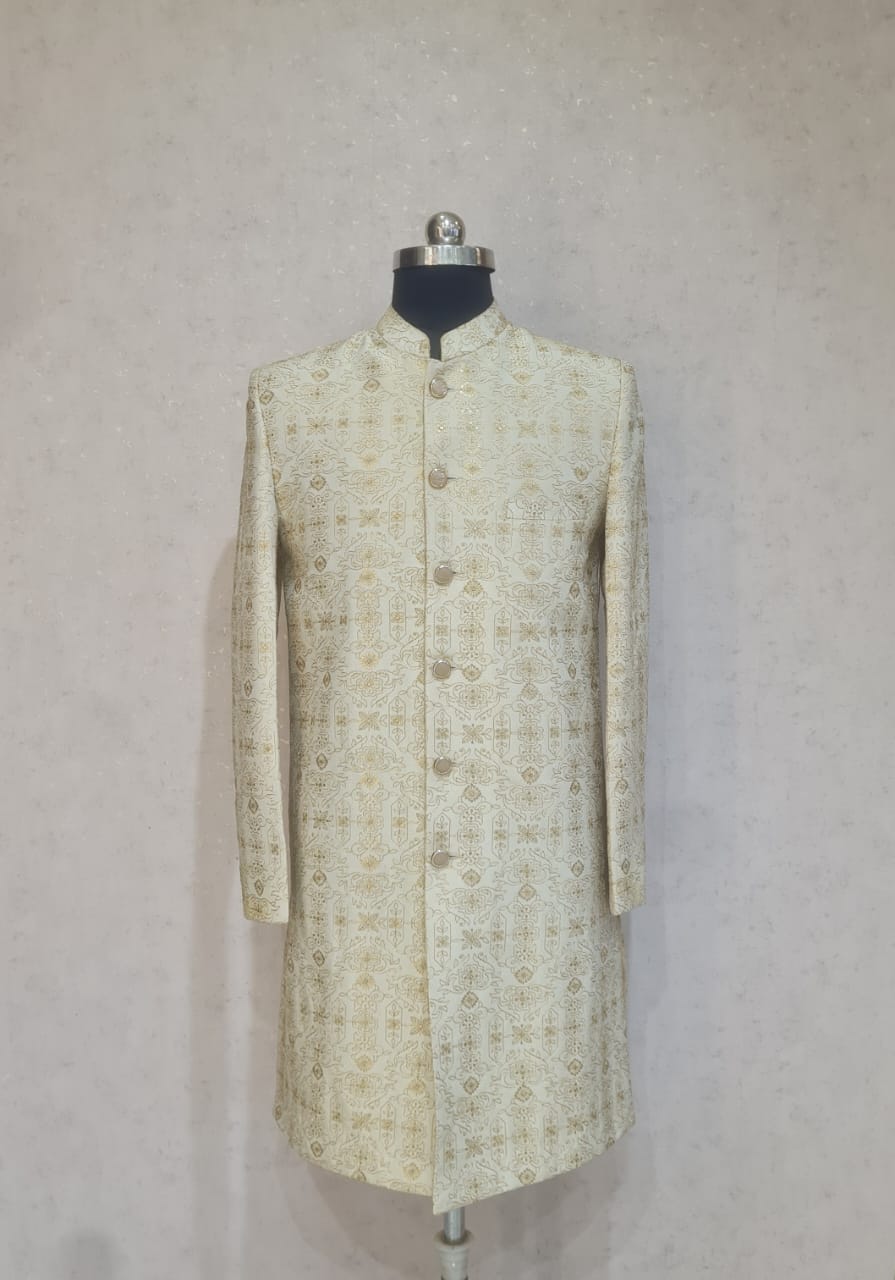 GOLDEN PRINTED SHERWANI SET