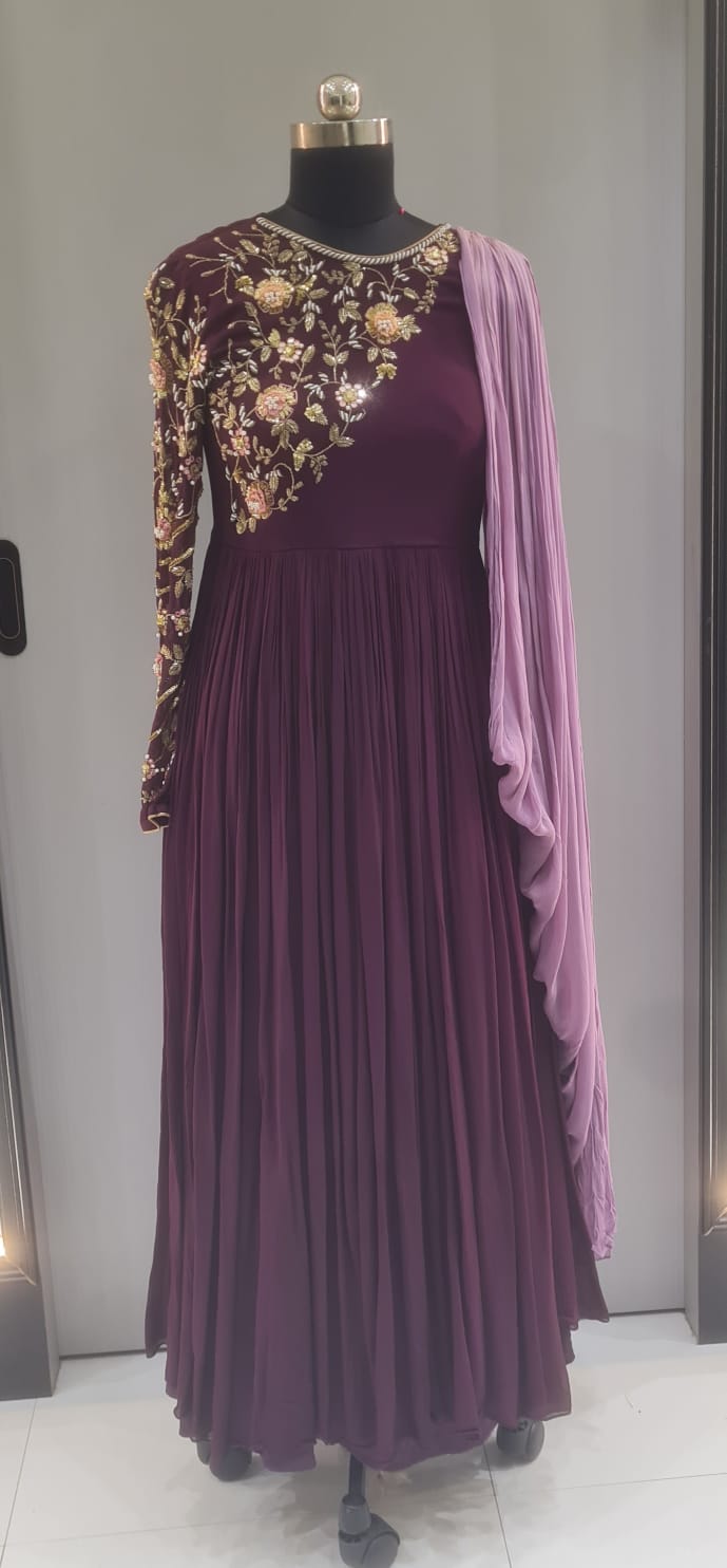 WINE KARDANA WORK WITH PURPLE ATTACHED DUPATTA GOWN