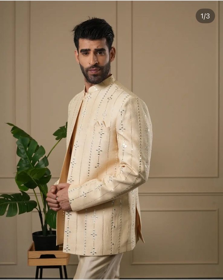 CREAM/PEACH MIRROR WORK JACKET SET